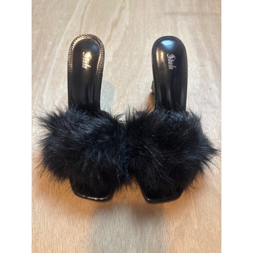 SheIn Black Faux Fur Rhinestone Block Heel Slide Sandals Square Toe Mules Womens